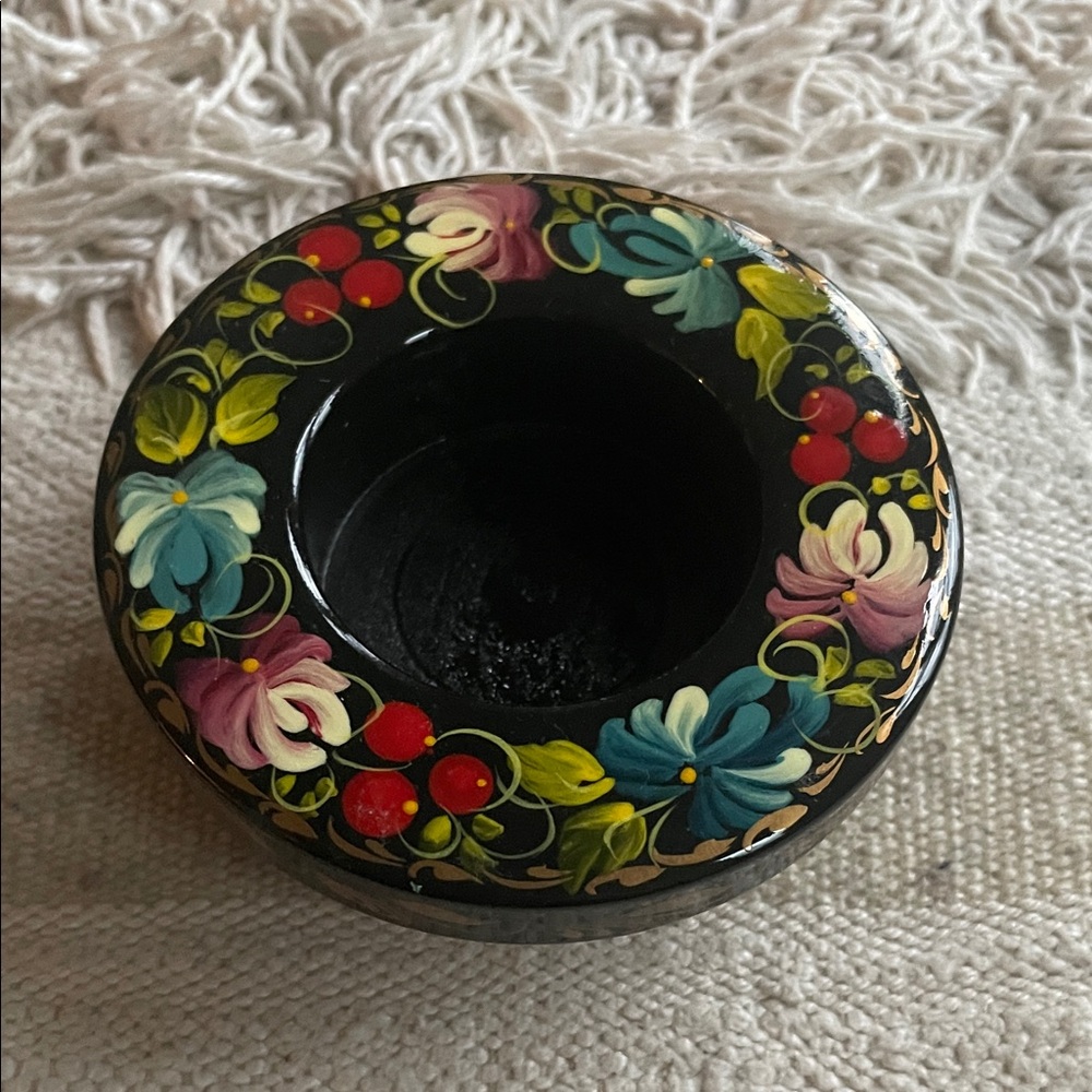 Hand painted, black laquer votive candle holder from Ukraine